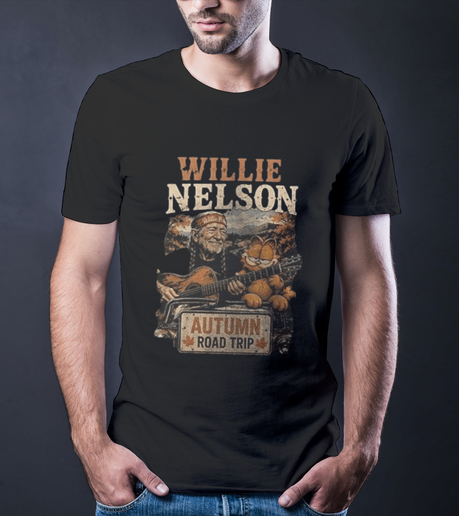 Willie Nelson Autumn Road Trip With Orange Cat T-Shirt