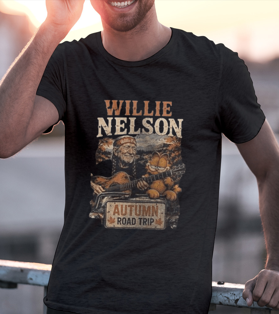 Willie Nelson Autumn Road Trip With Orange Cat T-Shirt
