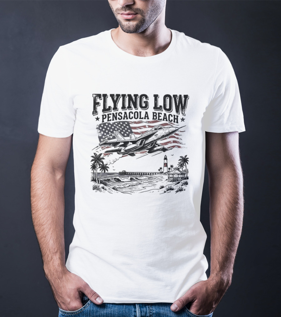 Flying Low Pensacola Beach American Flag Fighter Jet Scenic Beach View T-Shirt