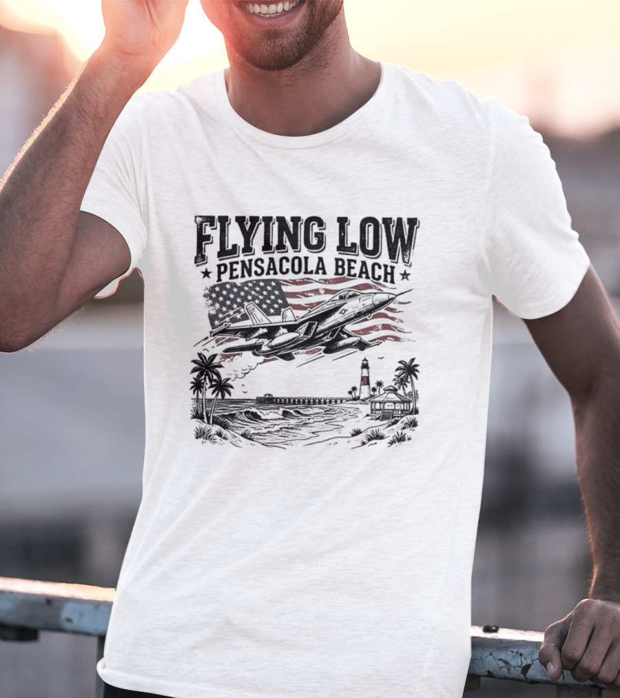 Flying Low Pensacola Beach American Flag Fighter Jet Scenic Beach View T-Shirt