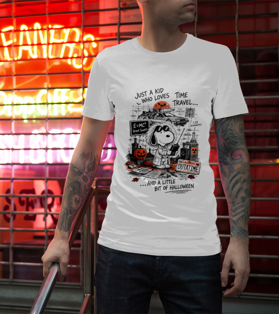 Snoopy Just A Kid Who Loves Time Travel Halloween Pumpkin Scene T-Shirt
