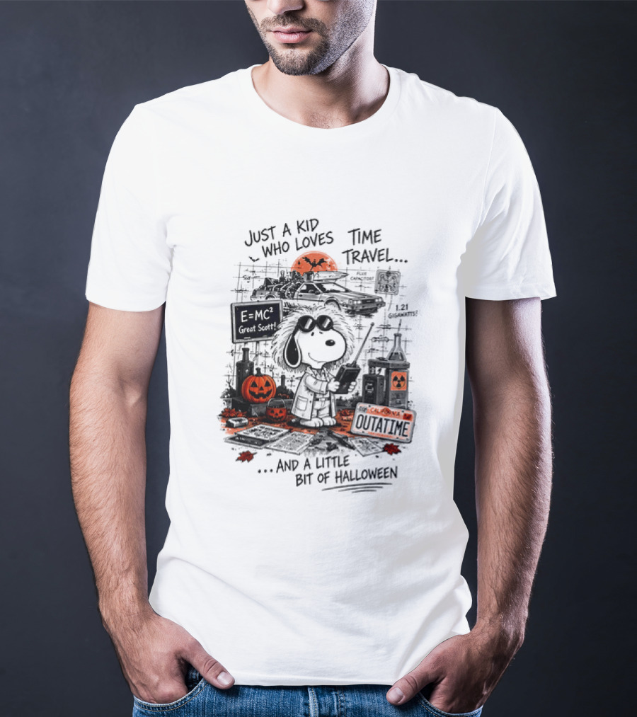 Snoopy Just A Kid Who Loves Time Travel Halloween Pumpkin Scene T-Shirt