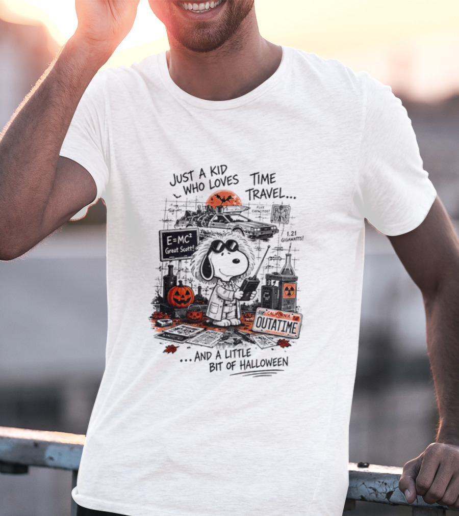 Snoopy Just A Kid Who Loves Time Travel Halloween Pumpkin Scene T-Shirt