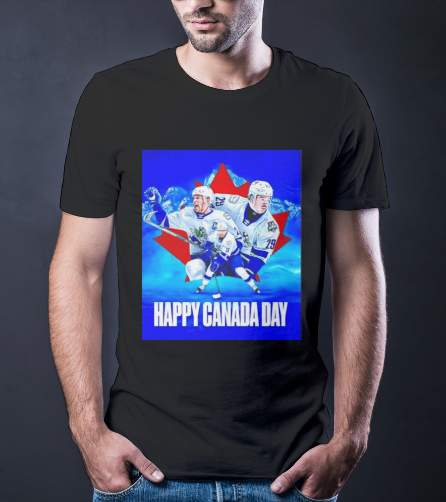 Abbotsford Canucks Happy Canada Day Celebration Collage With Hockey Players And Maple Leaf T-Shirt