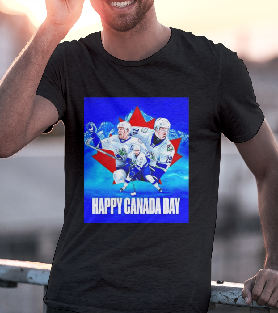 Abbotsford Canucks Happy Canada Day Celebration Collage With Hockey Players And Maple Leaf T-Shirt