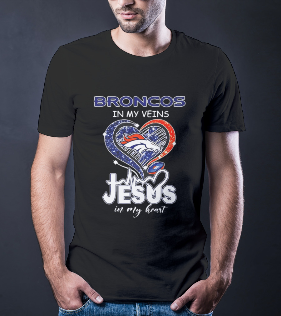 Denver Broncos In My Veins Heart Jesus In My Heart T-Shirt