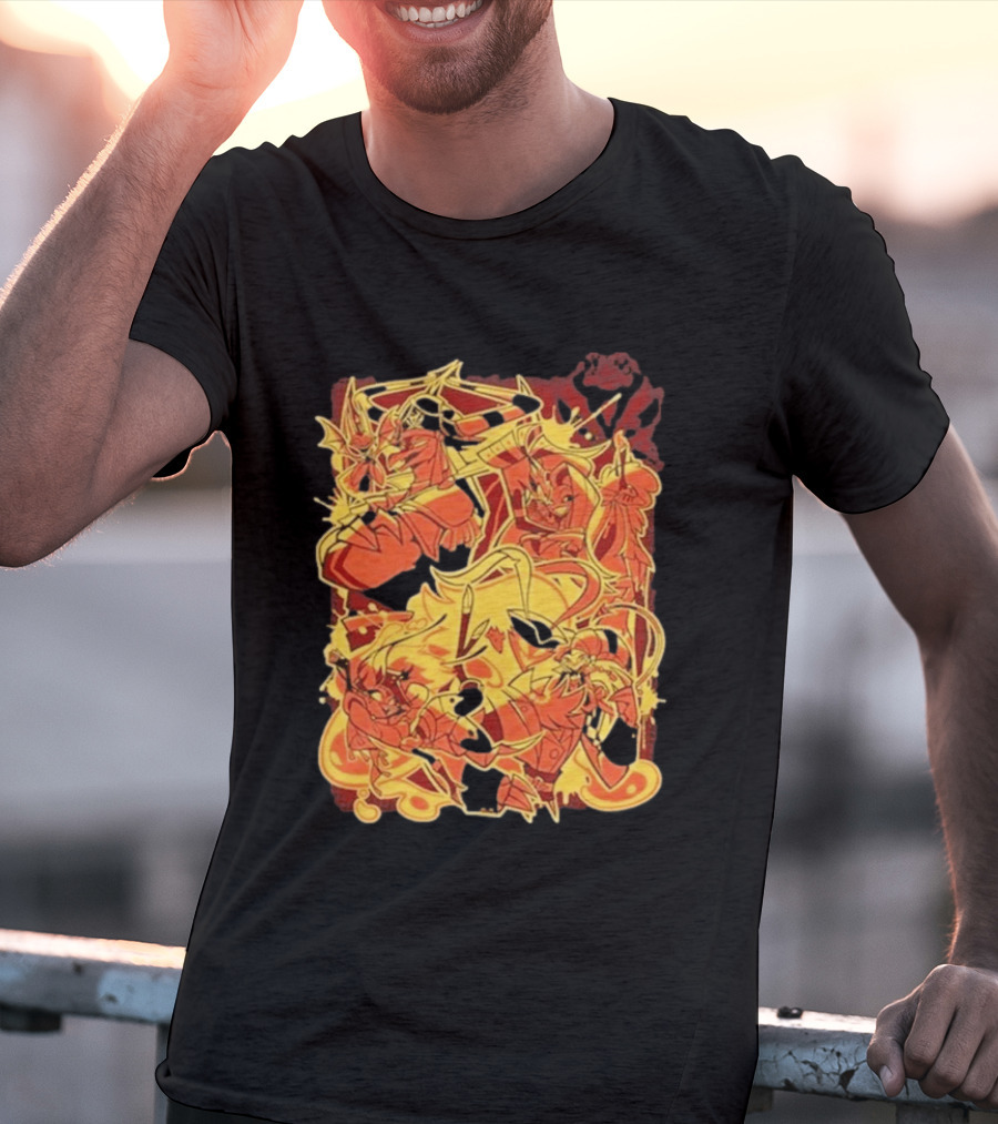 Helluva Boss Satan Characters In Fiery Yellow And Red T-Shirt