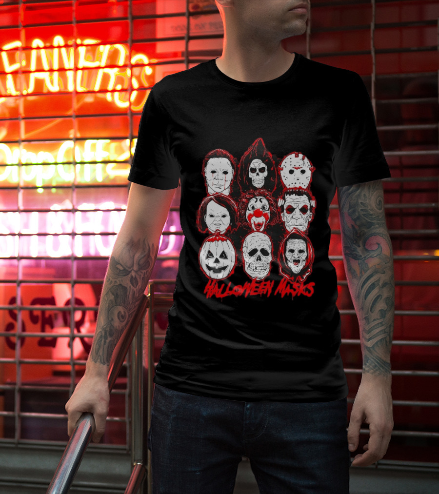 Horror Movie Characters Halloween Masks Skeleton Clown Jack O' Lantern T-Shirt