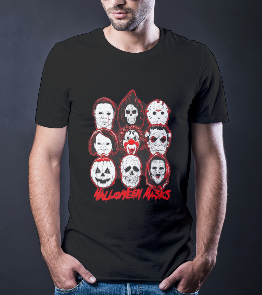Horror Movie Characters Halloween Masks Skeleton Clown Jack O' Lantern T-Shirt