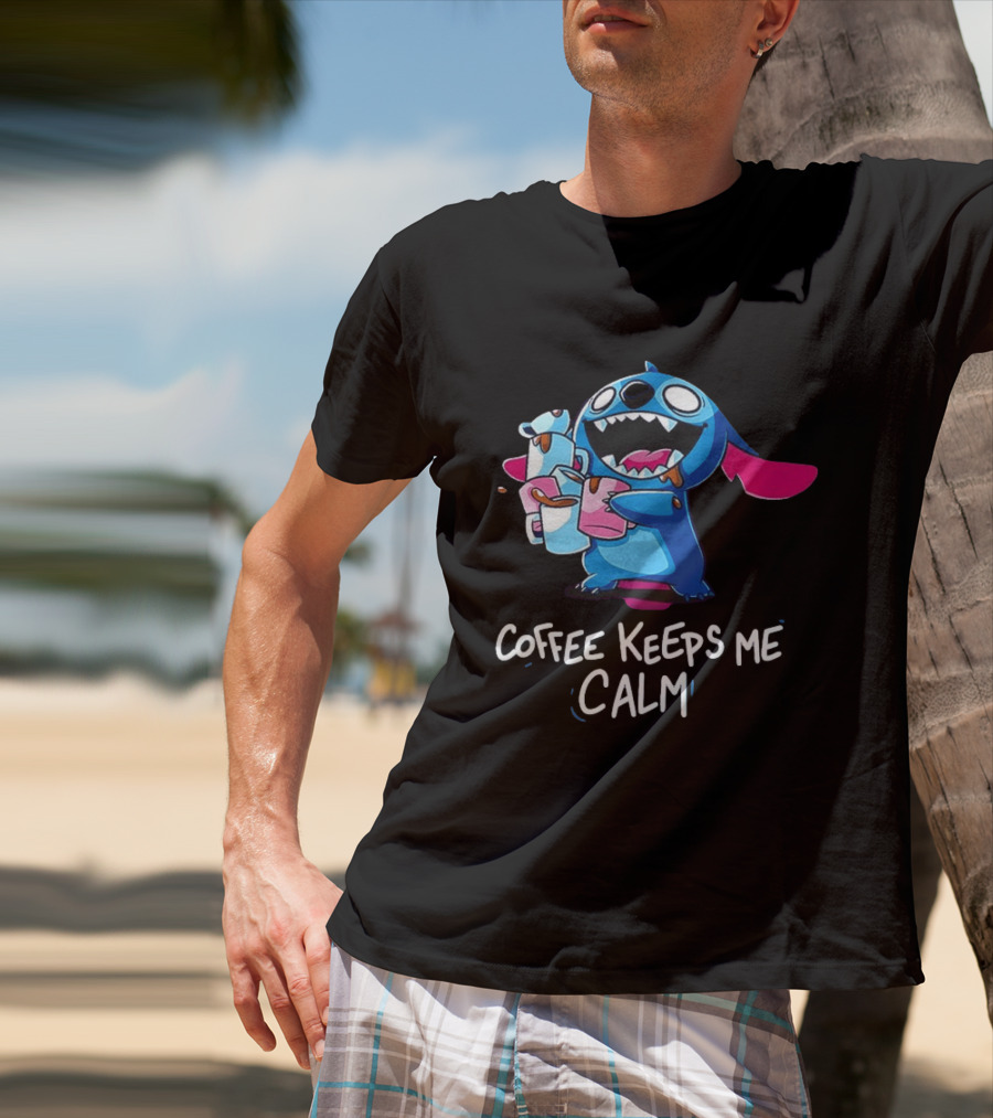 Stitch Coffee Keeps Me Calm Cute Character Drinking Coffee T-Shirt