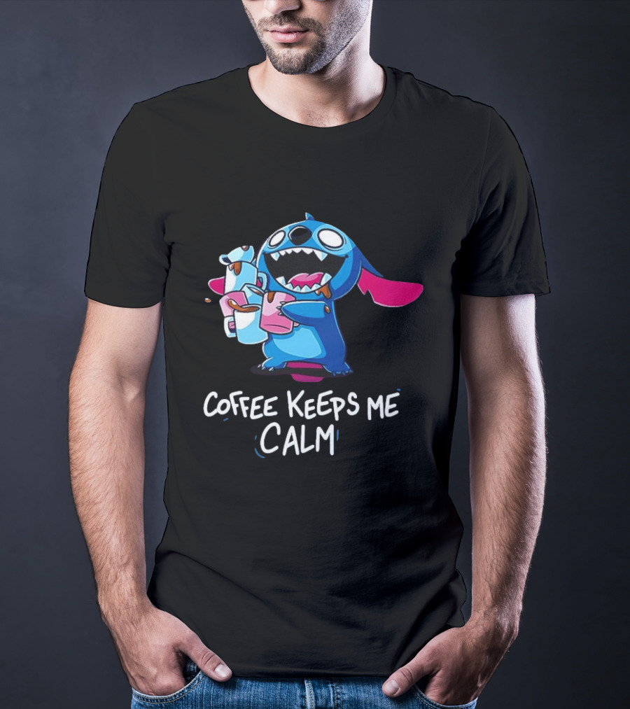 Stitch Coffee Keeps Me Calm Cute Character Drinking Coffee T-Shirt