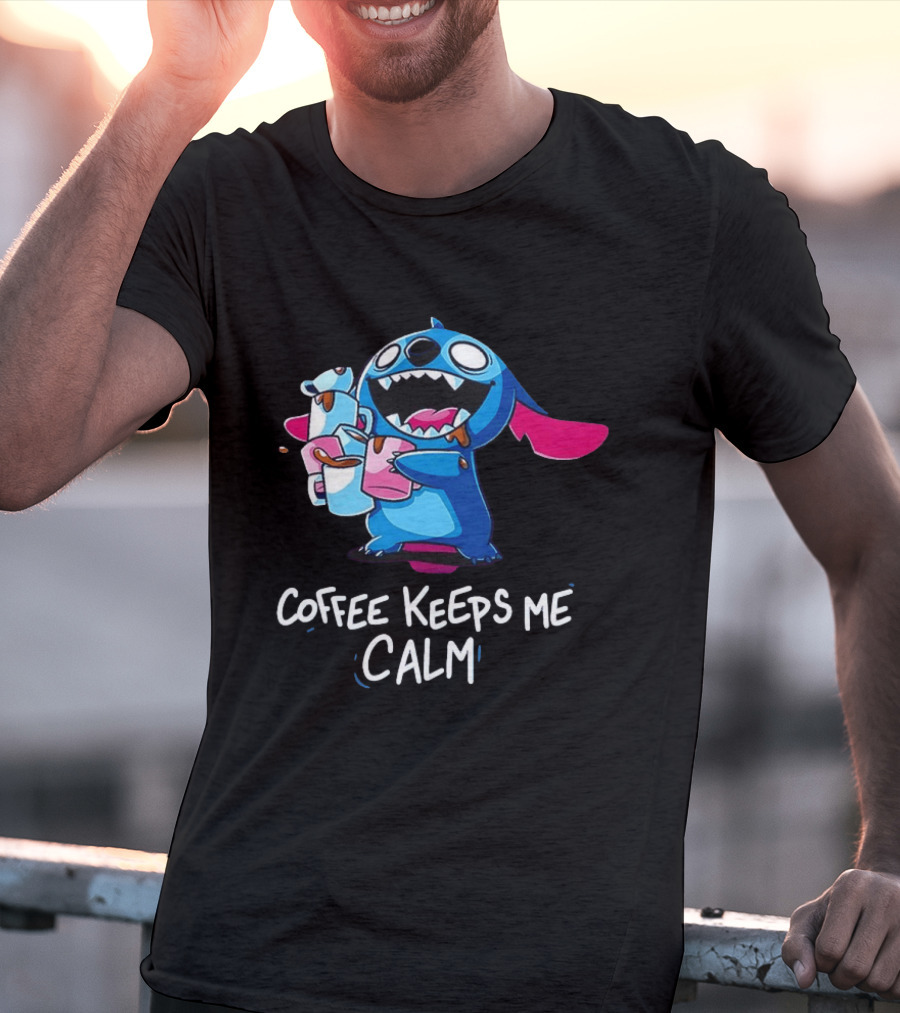 Stitch Coffee Keeps Me Calm Cute Character Drinking Coffee T-Shirt