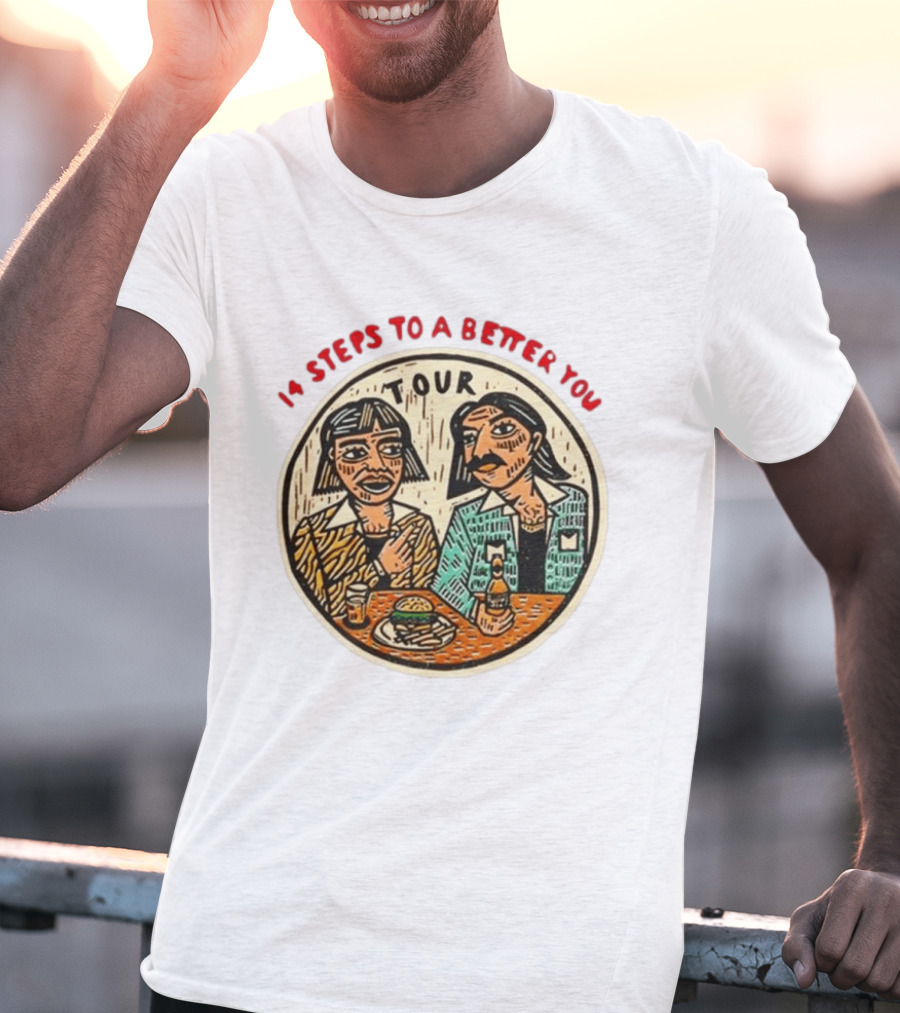 14 Steps To A Better You Tour Oval Illustration With Two Seated Individuals T-Shirt