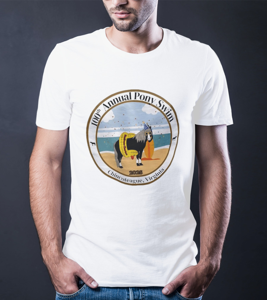 100th Annual Pony Swim Chincoteague Virginia 2025 Beach Scene With Pony And Surfboard T-Shirt