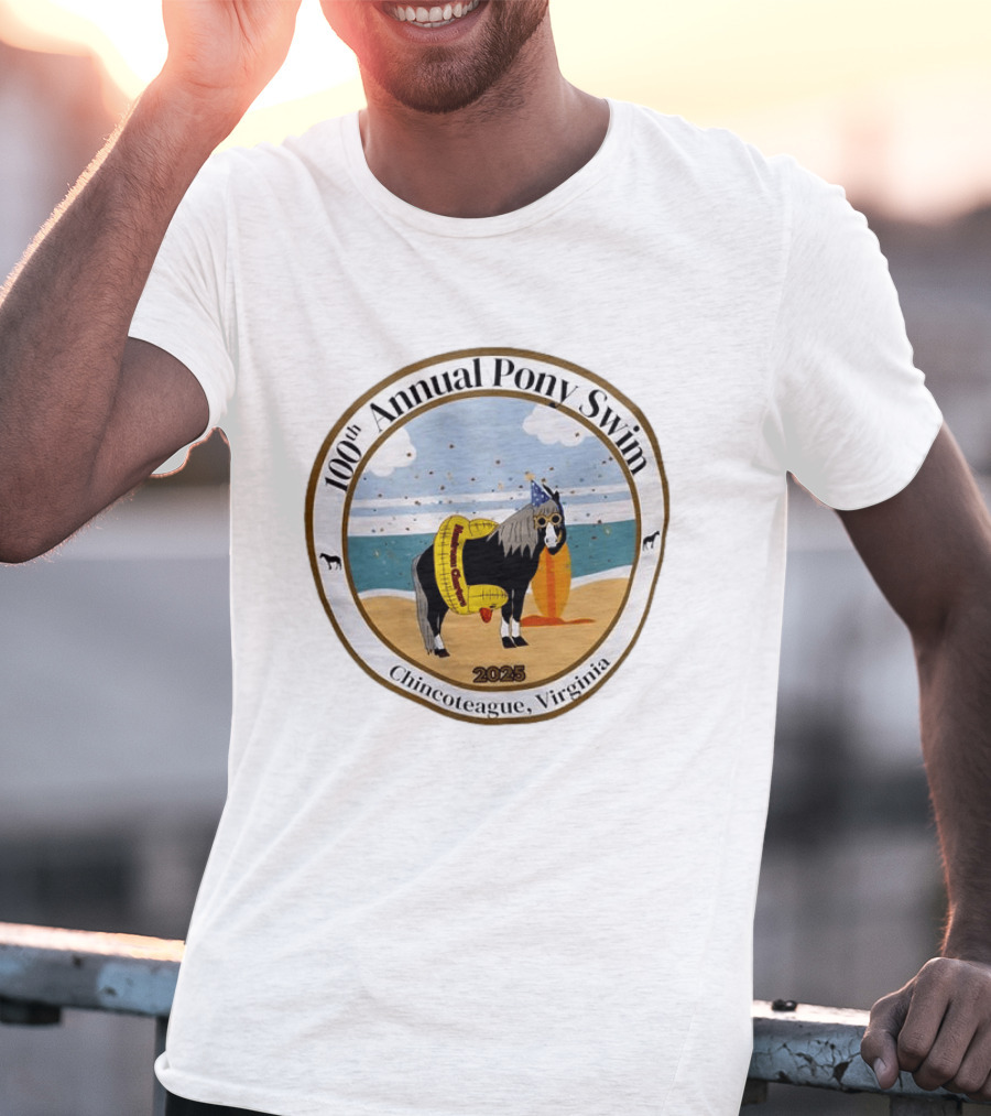 100th Annual Pony Swim Chincoteague Virginia 2025 Beach Scene With Pony And Surfboard T-Shirt
