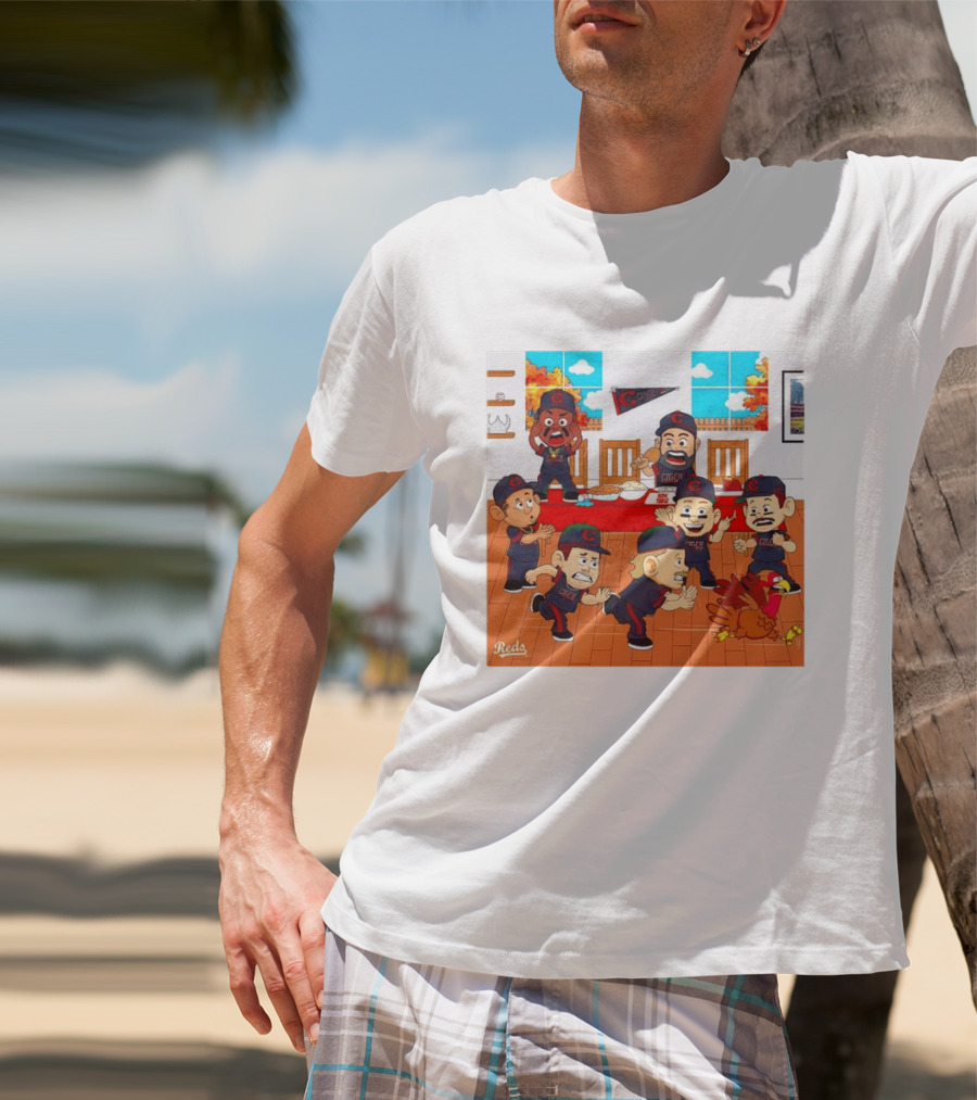 Cincinnati Reds Thanksgiving Chaos Cartoon Scene With Characters And Turkey T-Shirt