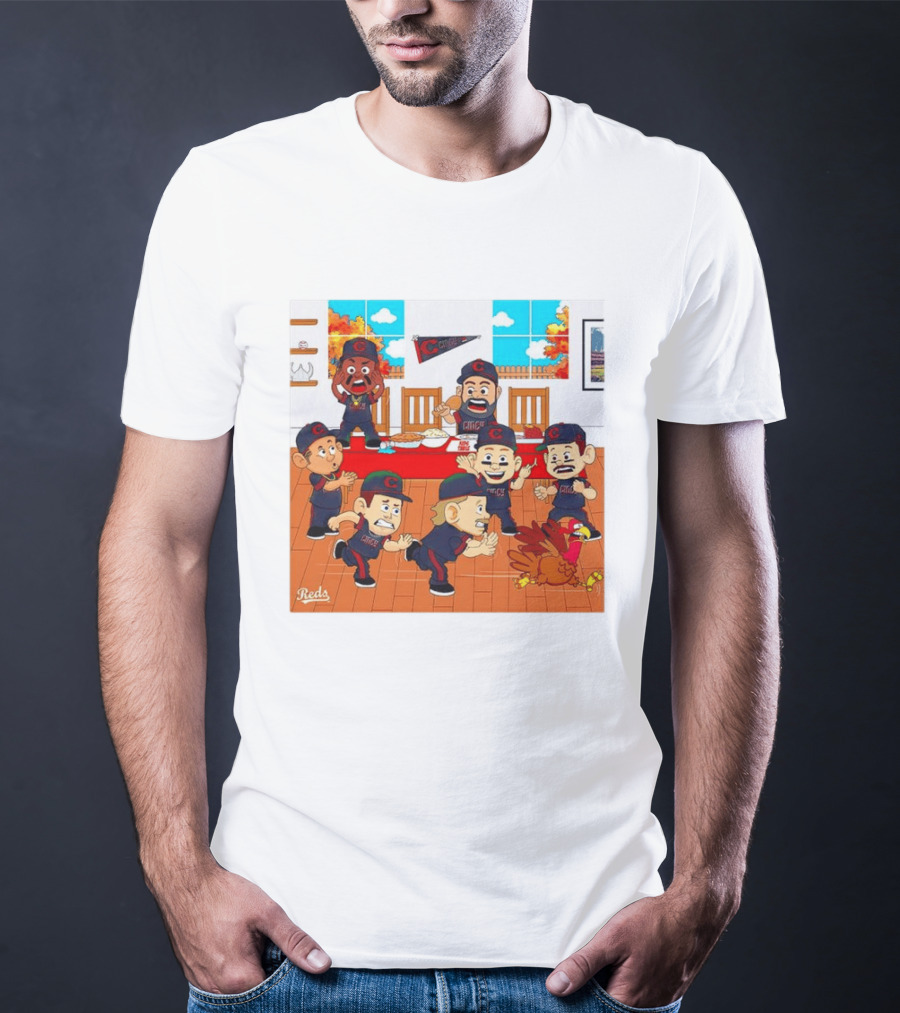 Cincinnati Reds Thanksgiving Chaos Cartoon Scene With Characters And Turkey T-Shirt