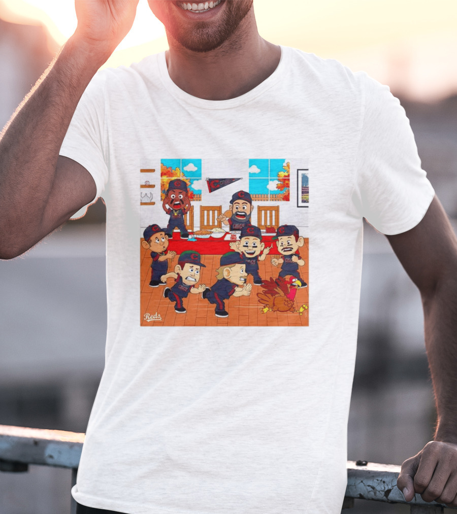 Cincinnati Reds Thanksgiving Chaos Cartoon Scene With Characters And Turkey T-Shirt