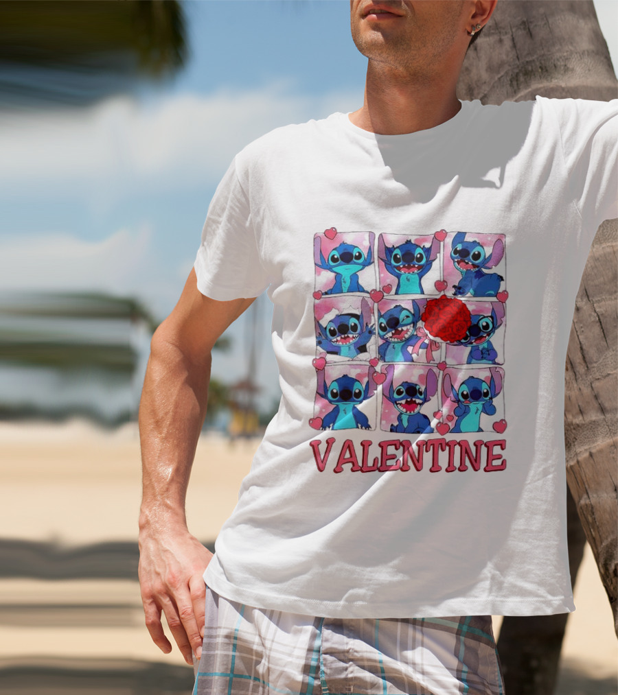 Disney Stitch Rose Flowers Valentine Love Hearts Happy Day T-Shirt