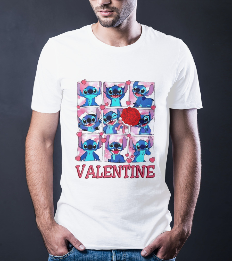 Disney Stitch Rose Flowers Valentine Love Hearts Happy Day T-Shirt