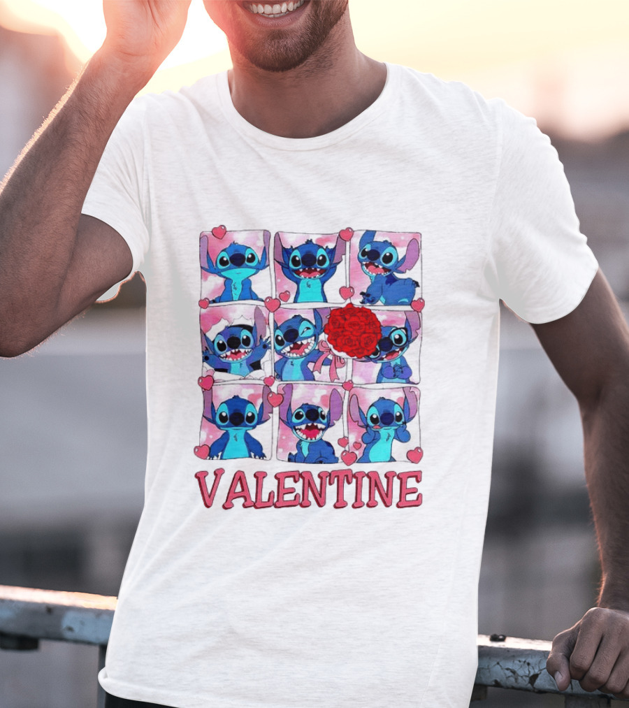 Disney Stitch Rose Flowers Valentine Love Hearts Happy Day T-Shirt