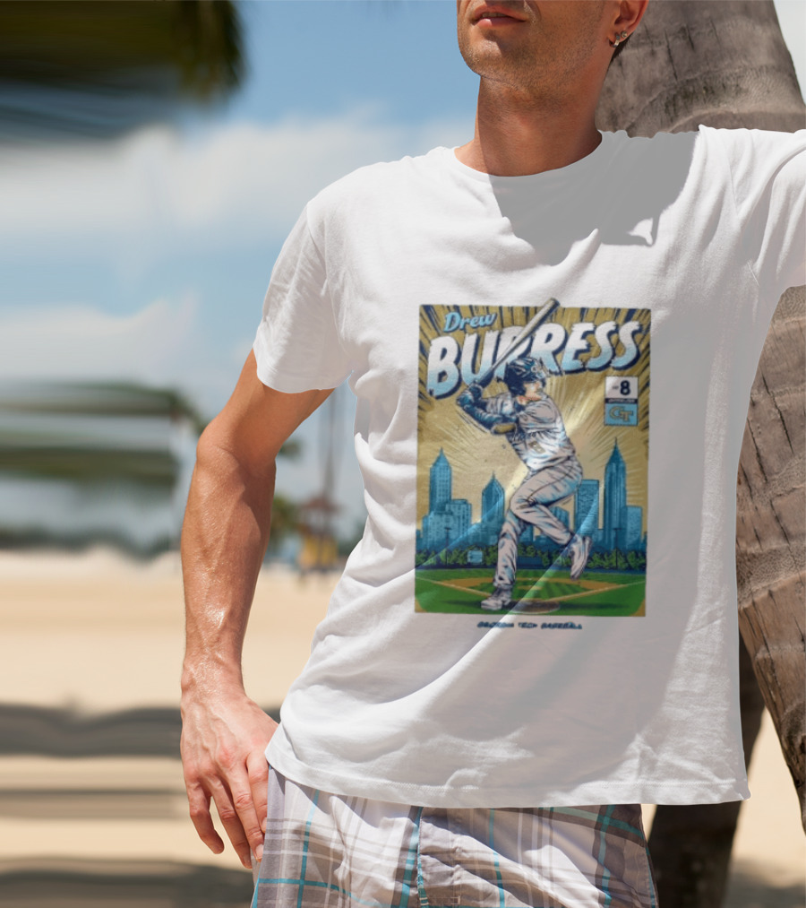 Drew Burress #8 Georgia Tech Baseball Comic Style Retro Cityscape T-Shirt