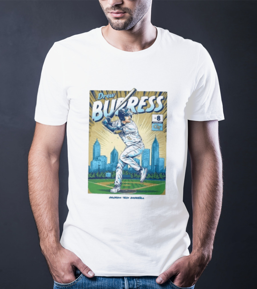 Drew Burress #8 Georgia Tech Baseball Comic Style Retro Cityscape T-Shirt