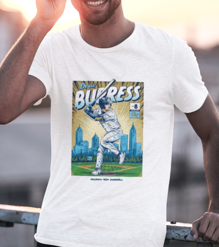 Drew Burress #8 Georgia Tech Baseball Comic Style Retro Cityscape T-Shirt
