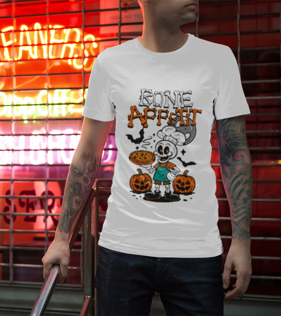 Bone Appetit Skeleton Chef Halloween Pizza Pumpkin Bats T-Shirt