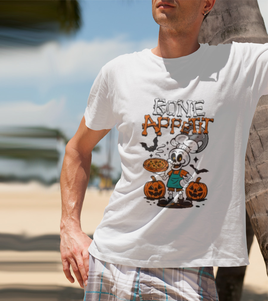Bone Appetit Skeleton Chef Halloween Pizza Pumpkin Bats T-Shirt