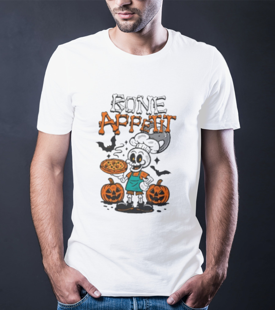 Bone Appetit Skeleton Chef Halloween Pizza Pumpkin Bats T-Shirt
