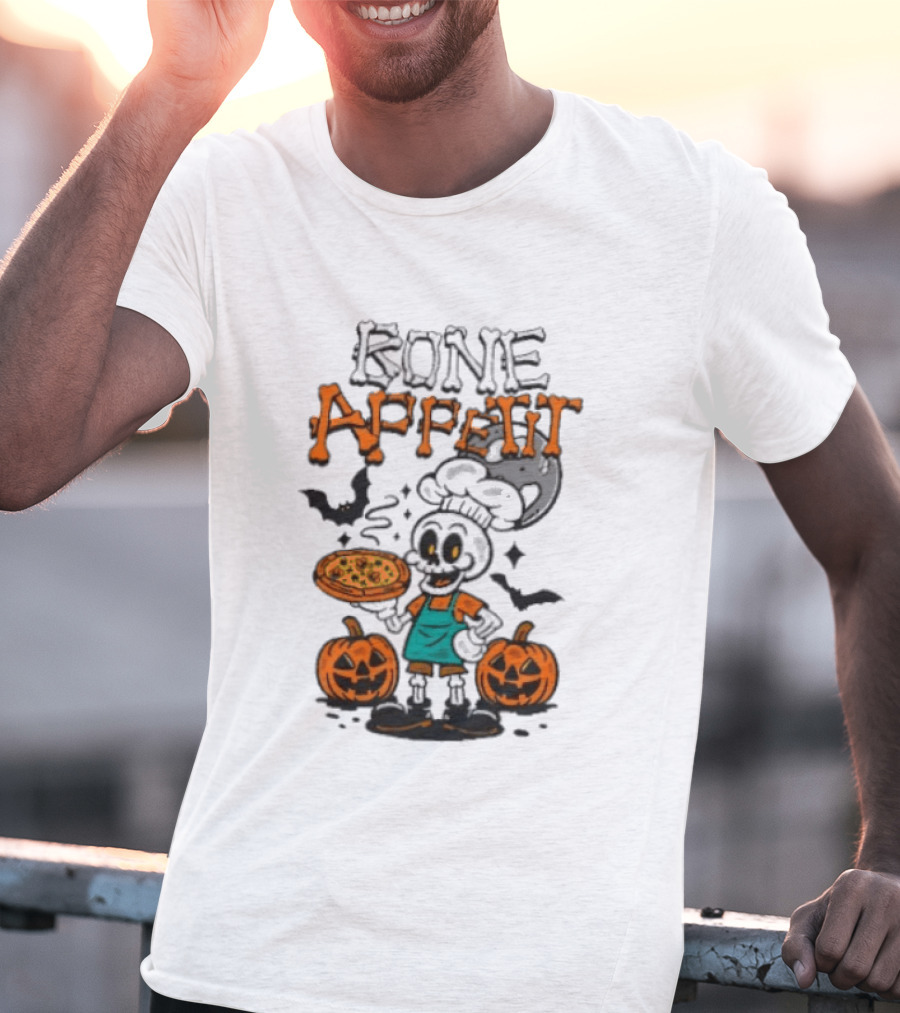 Bone Appetit Skeleton Chef Halloween Pizza Pumpkin Bats T-Shirt