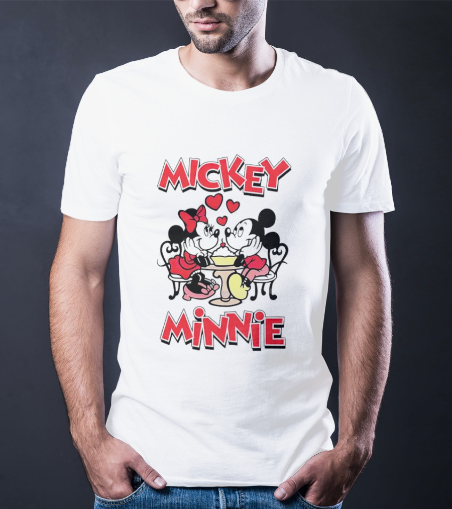 Mickey Minnie Romantic Valentine's Day Hearts And Cafe Scene T-Shirt