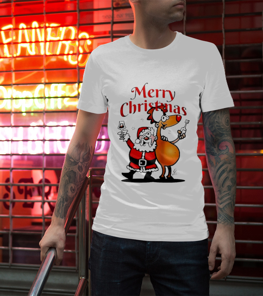 Merry Christmas Santa Claus And Reindeer Toast With Drinks T-Shirt