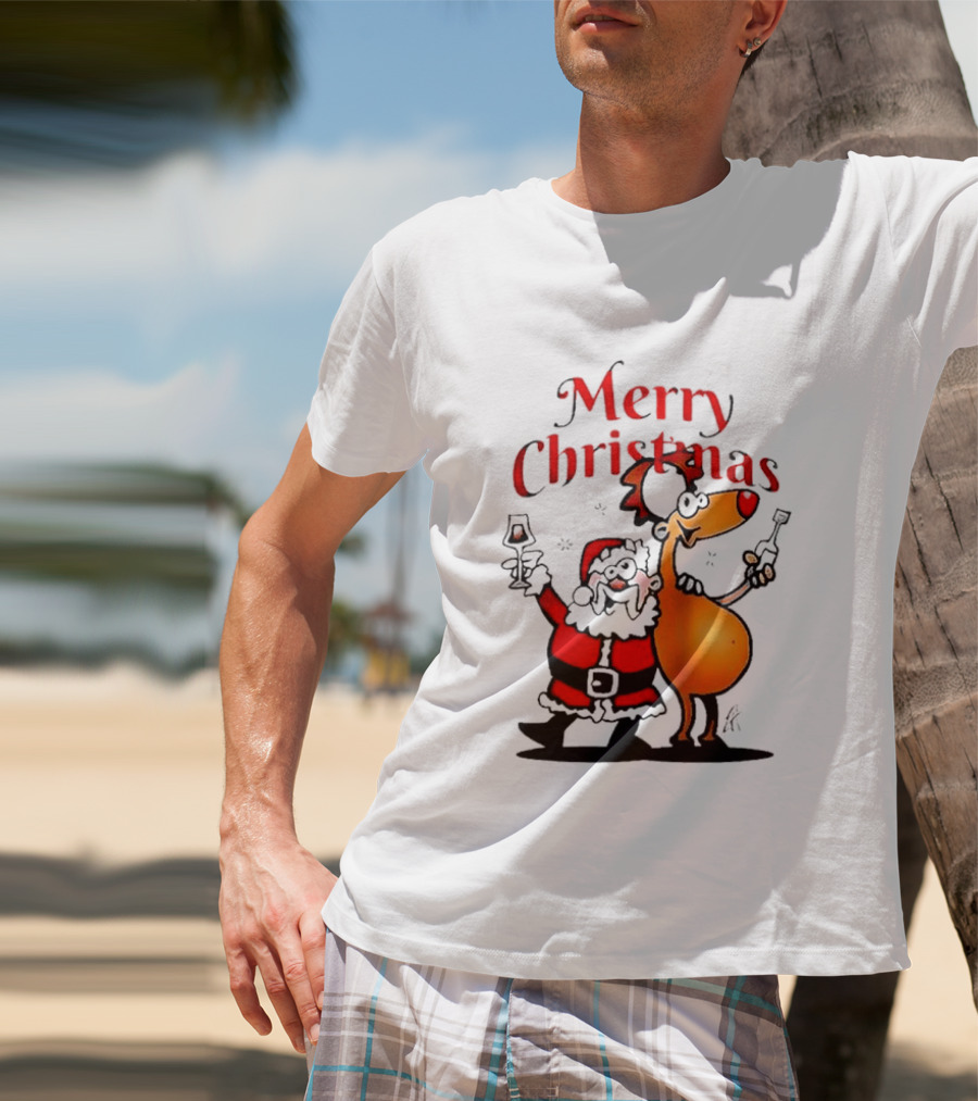 Merry Christmas Santa Claus And Reindeer Toast With Drinks T-Shirt