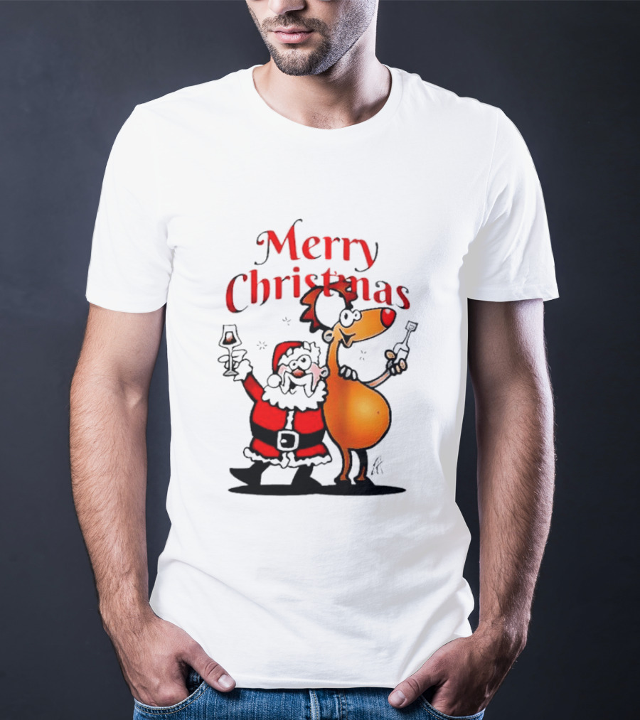 Merry Christmas Santa Claus And Reindeer Toast With Drinks T-Shirt