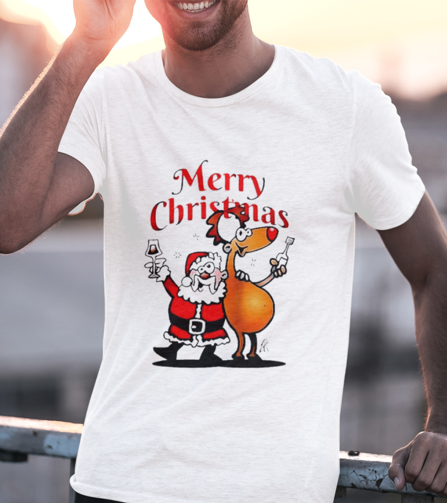 Merry Christmas Santa Claus And Reindeer Toast With Drinks T-Shirt