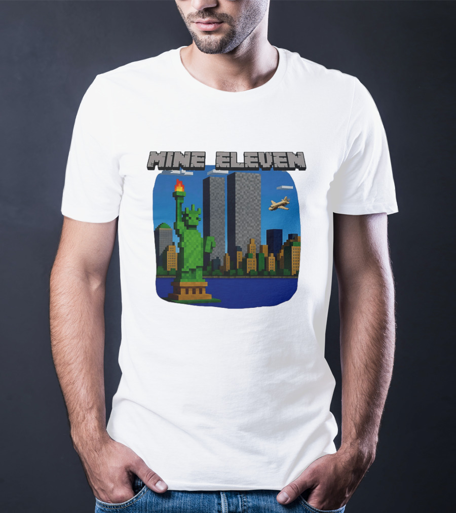 Mine Eleven Pixel City Statue Vector World Twin Towers Scene T-Shirt