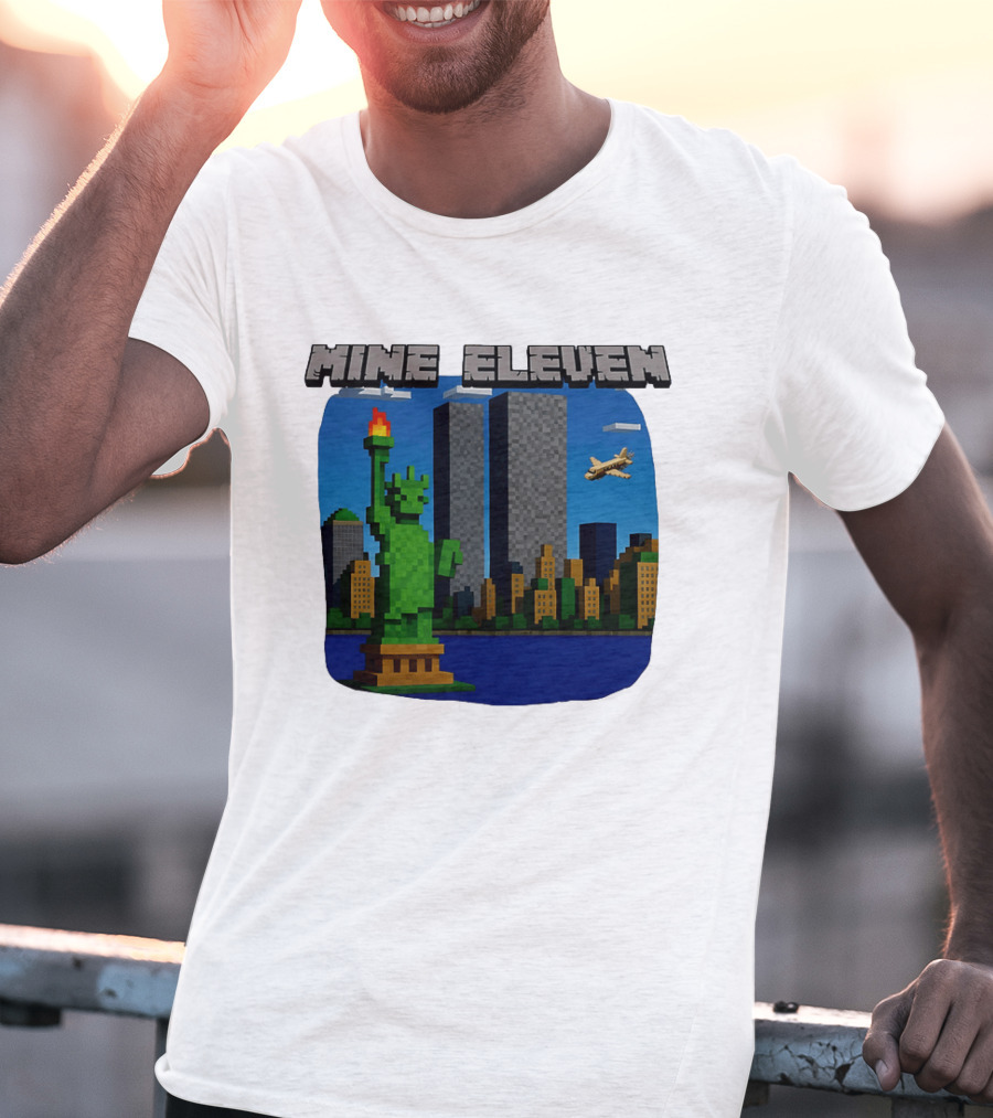 Mine Eleven Pixel City Statue Vector World Twin Towers Scene T-Shirt