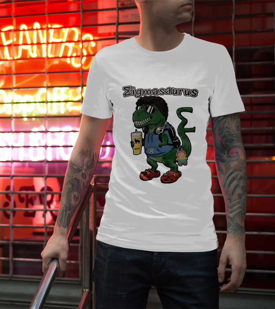Sigmasaurus Rex Dinosaur Meme With Afro Sunglasses Headphones And Drink T-Shirt