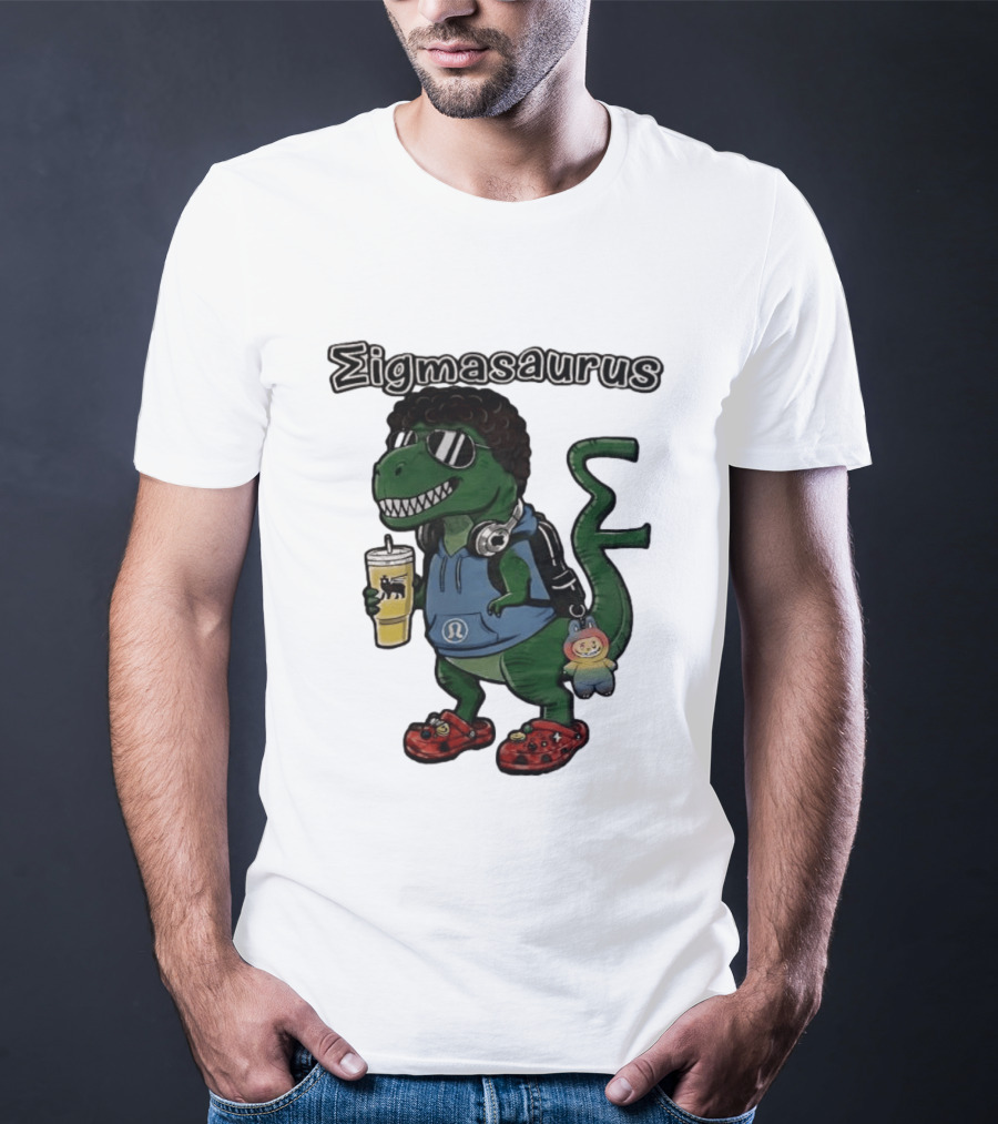 Sigmasaurus Rex Dinosaur Meme With Afro Sunglasses Headphones And Drink T-Shirt