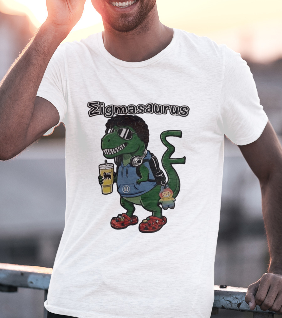 Sigmasaurus Rex Dinosaur Meme With Afro Sunglasses Headphones And Drink T-Shirt
