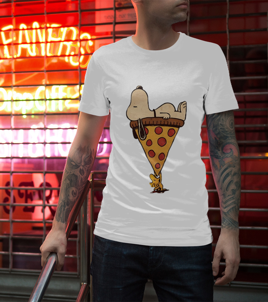 Snoopy Relaxing On Giant Pizza Slice With Woodstock Peanuts Collection T-Shirt