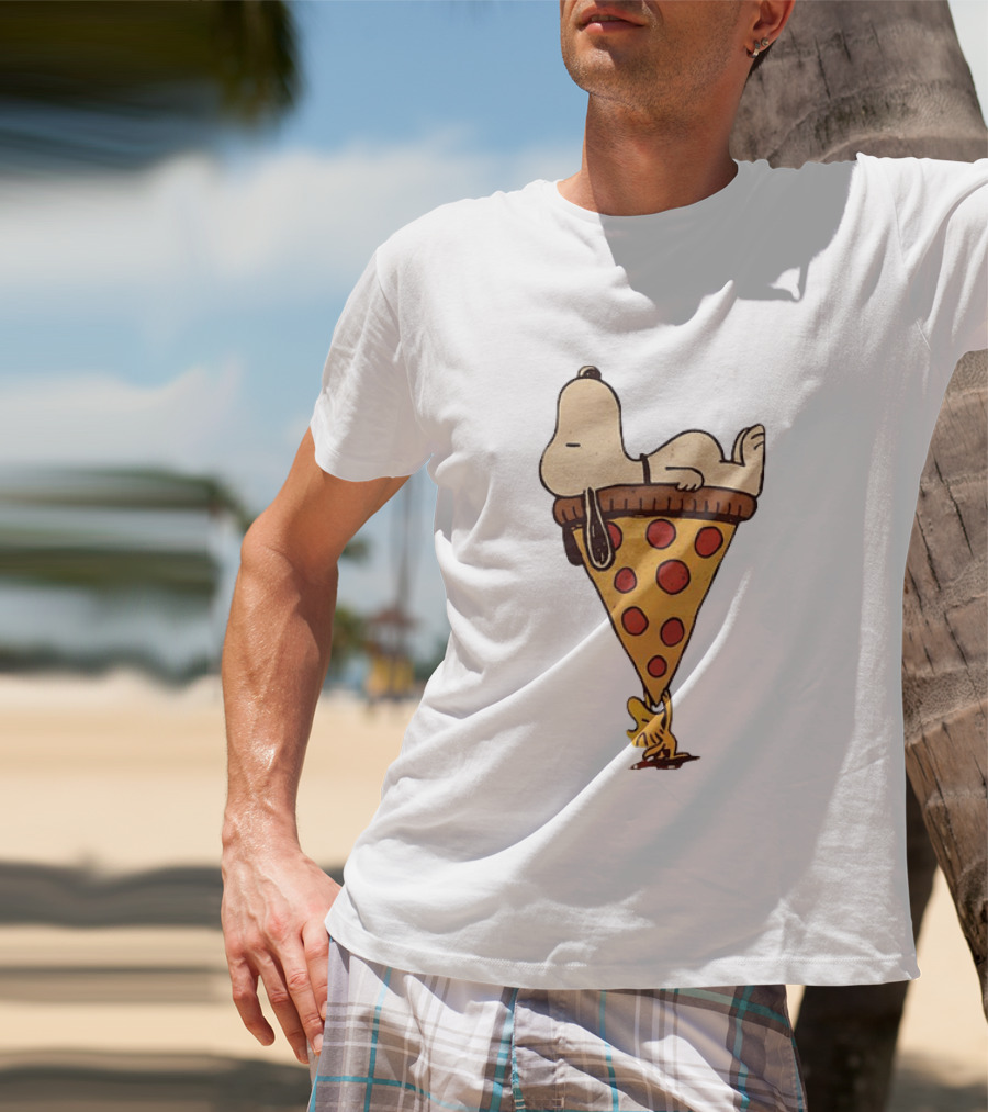 Snoopy Relaxing On Giant Pizza Slice With Woodstock Peanuts Collection T-Shirt