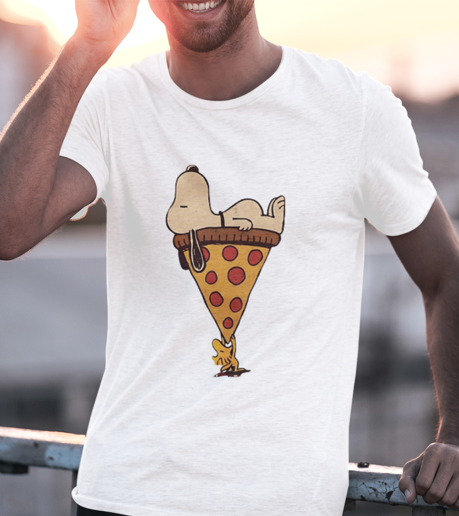 Snoopy Relaxing On Giant Pizza Slice With Woodstock Peanuts Collection T-Shirt