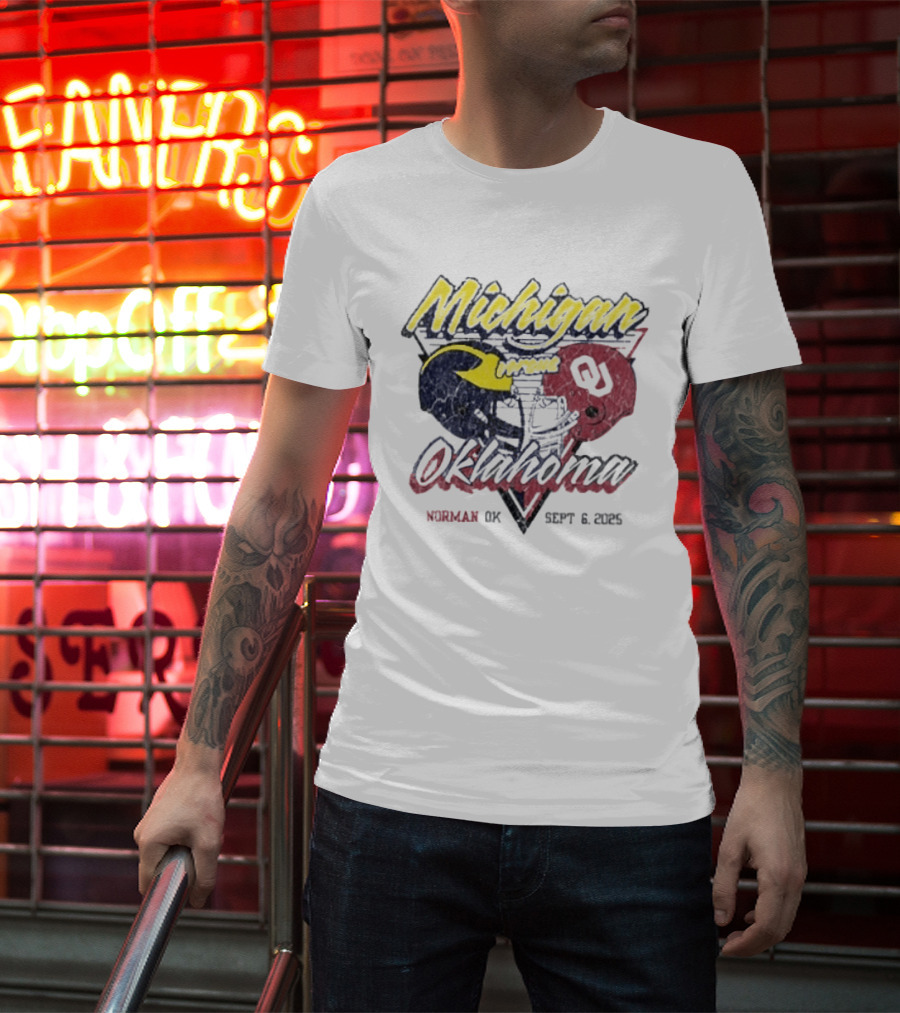 Oklahoma Sooners Vs Michigan Wolverines Football Helmet Norman OK September 6 2025 T-Shirt