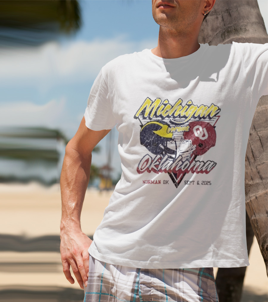 Oklahoma Sooners Vs Michigan Wolverines Football Helmet Norman OK September 6 2025 T-Shirt