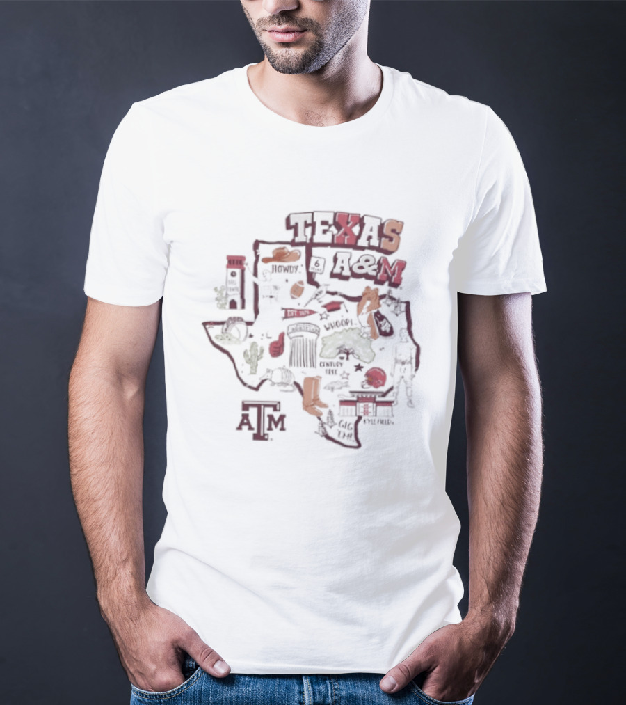 Texas A&M Aggies Map With Iconic Symbols And Landmarks T-Shirt