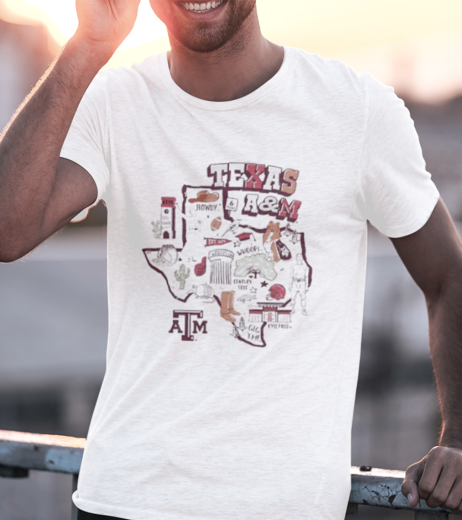 Texas A&M Aggies Map With Iconic Symbols And Landmarks T-Shirt