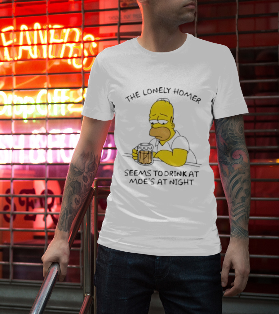 The Lonely Homer Drinking At Moe's Tavern Mood Nighttime Scene T-Shirt